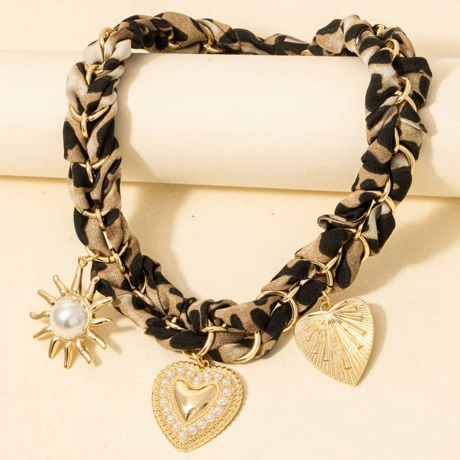 Pearl Heart + Sun Charms Leopard Braided Bandana Necklace