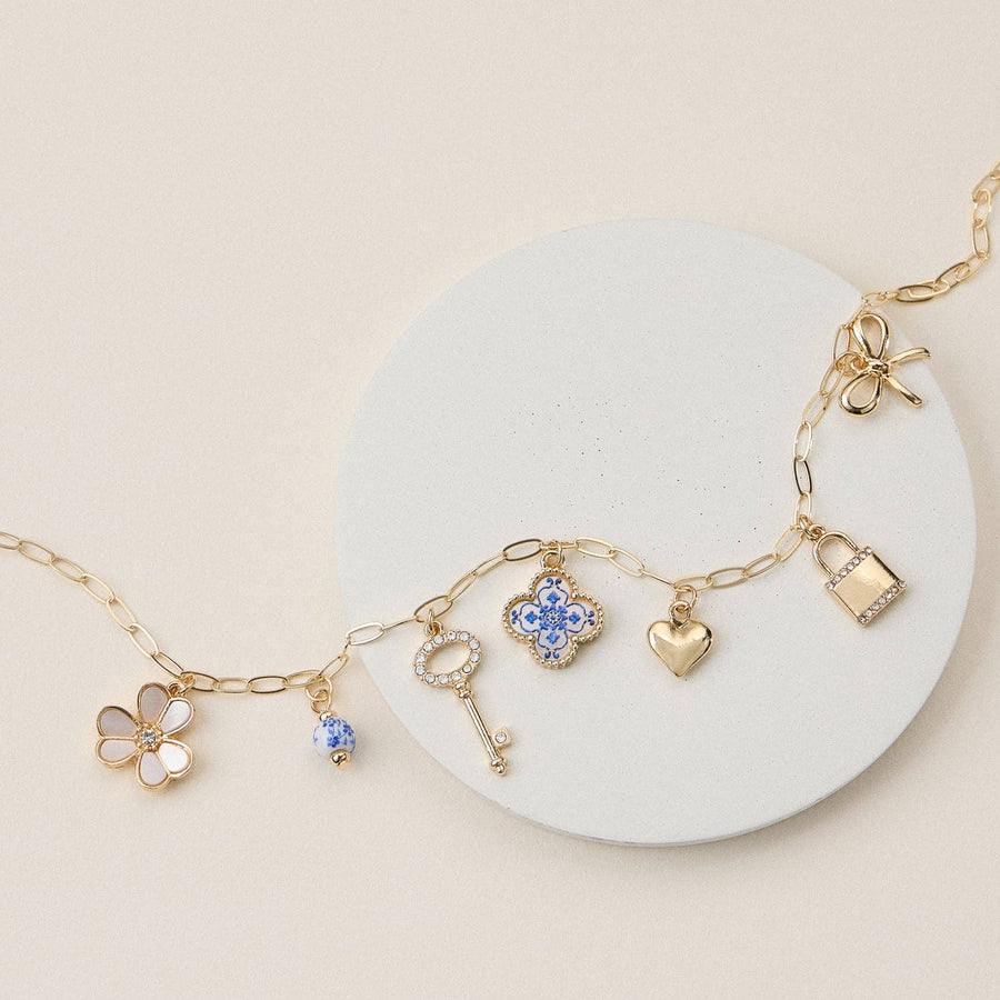 Blue Floral Gold Charm Necklace
