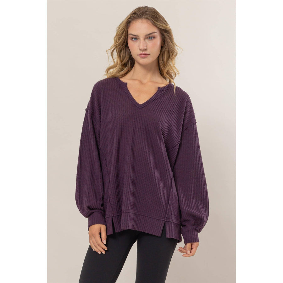 “Annie”-Brushed Waffle Notch Neck Top