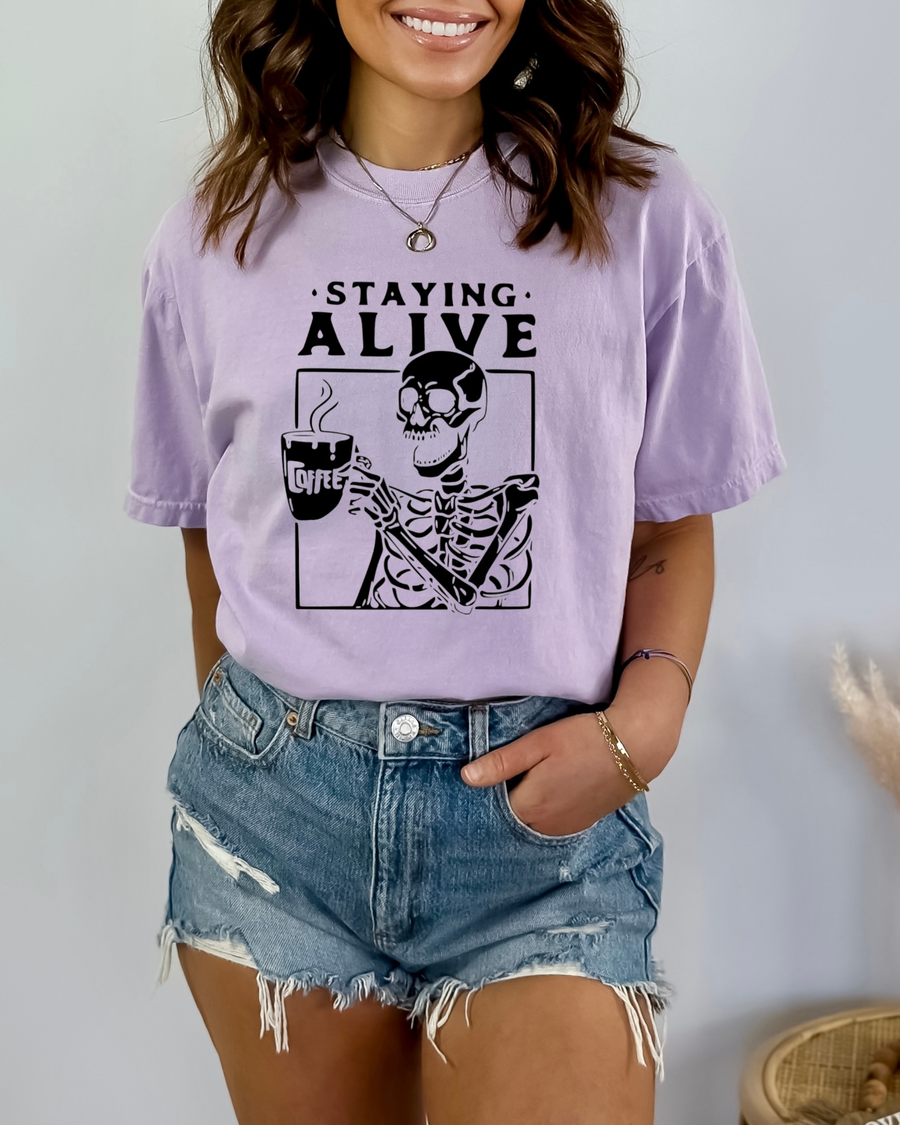 Skeleton Staying Alive With Coffee Graphic Tee