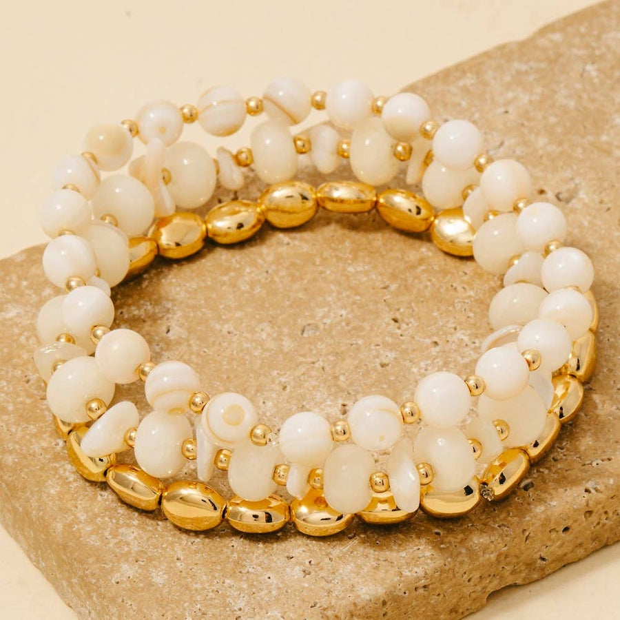 Stone + White Beaded Bracelet Set