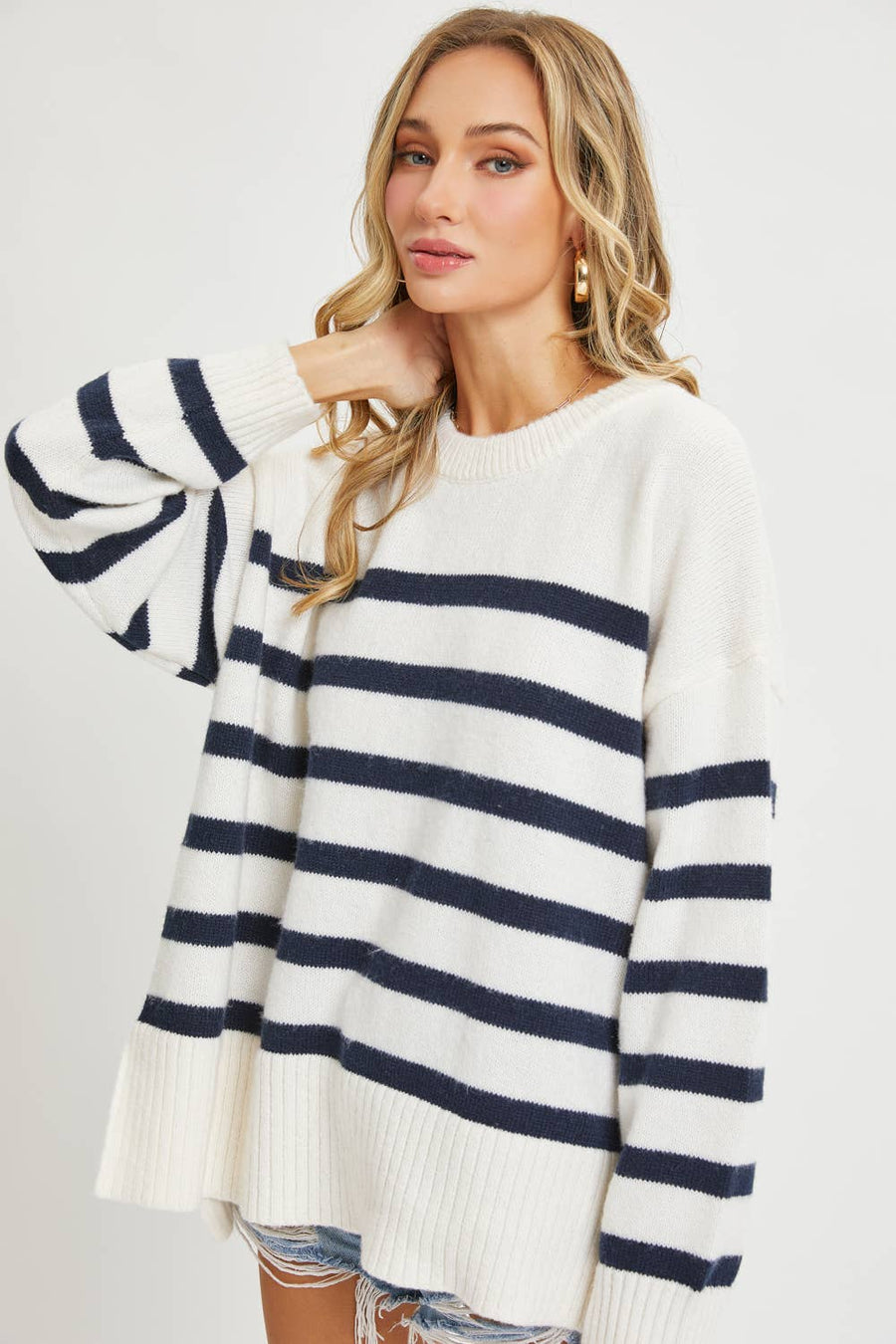 “Sigrid” Striped Pullover Oversize Sweater Blue Willow Collection