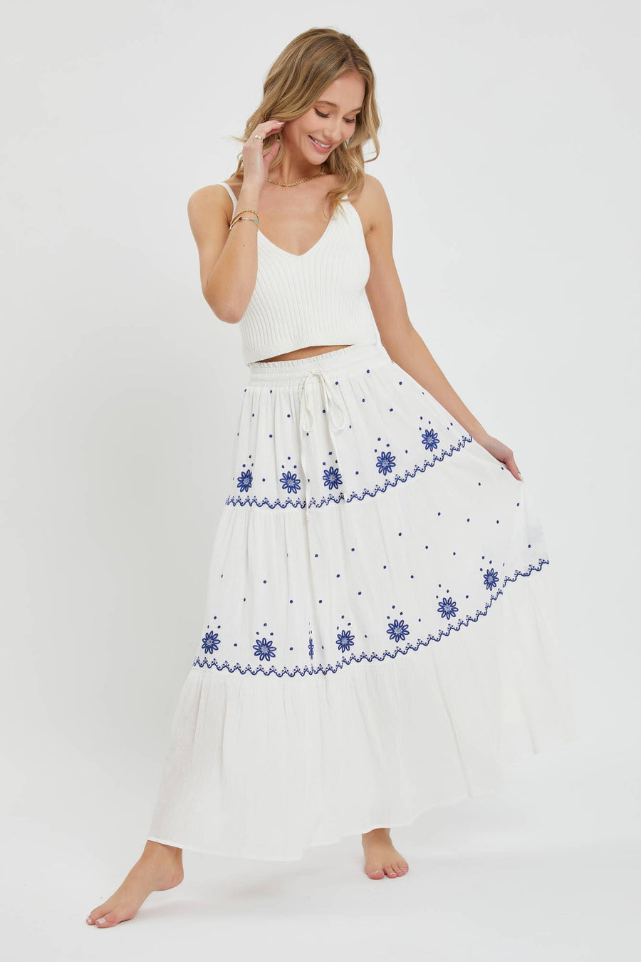 “Emilie” Embroidered Flowers Flowy Maxi Skirt Blue Willow Collection