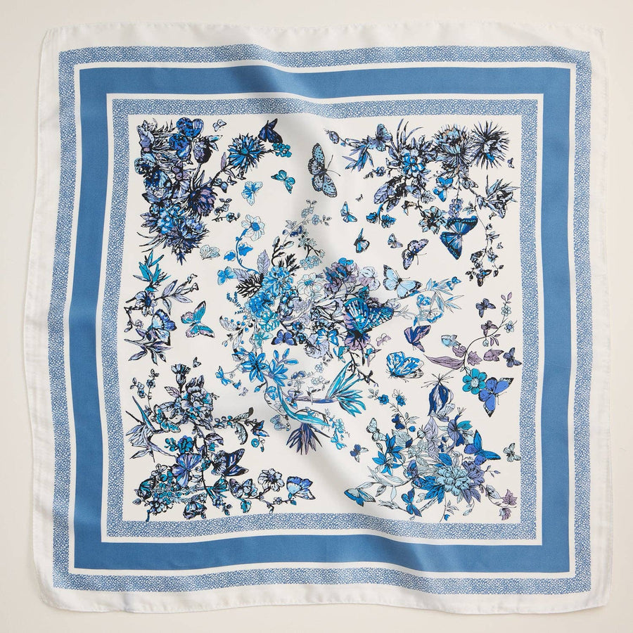 Blue Floral Butterfly Silk Square Scarf