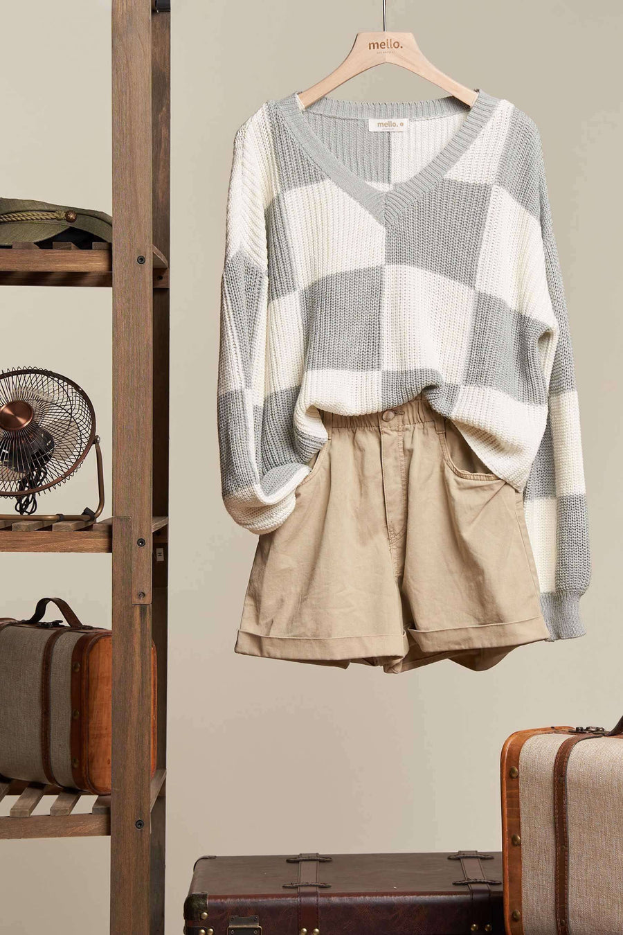 “Cheyenne” V-Neck Checkered Knit Sweater