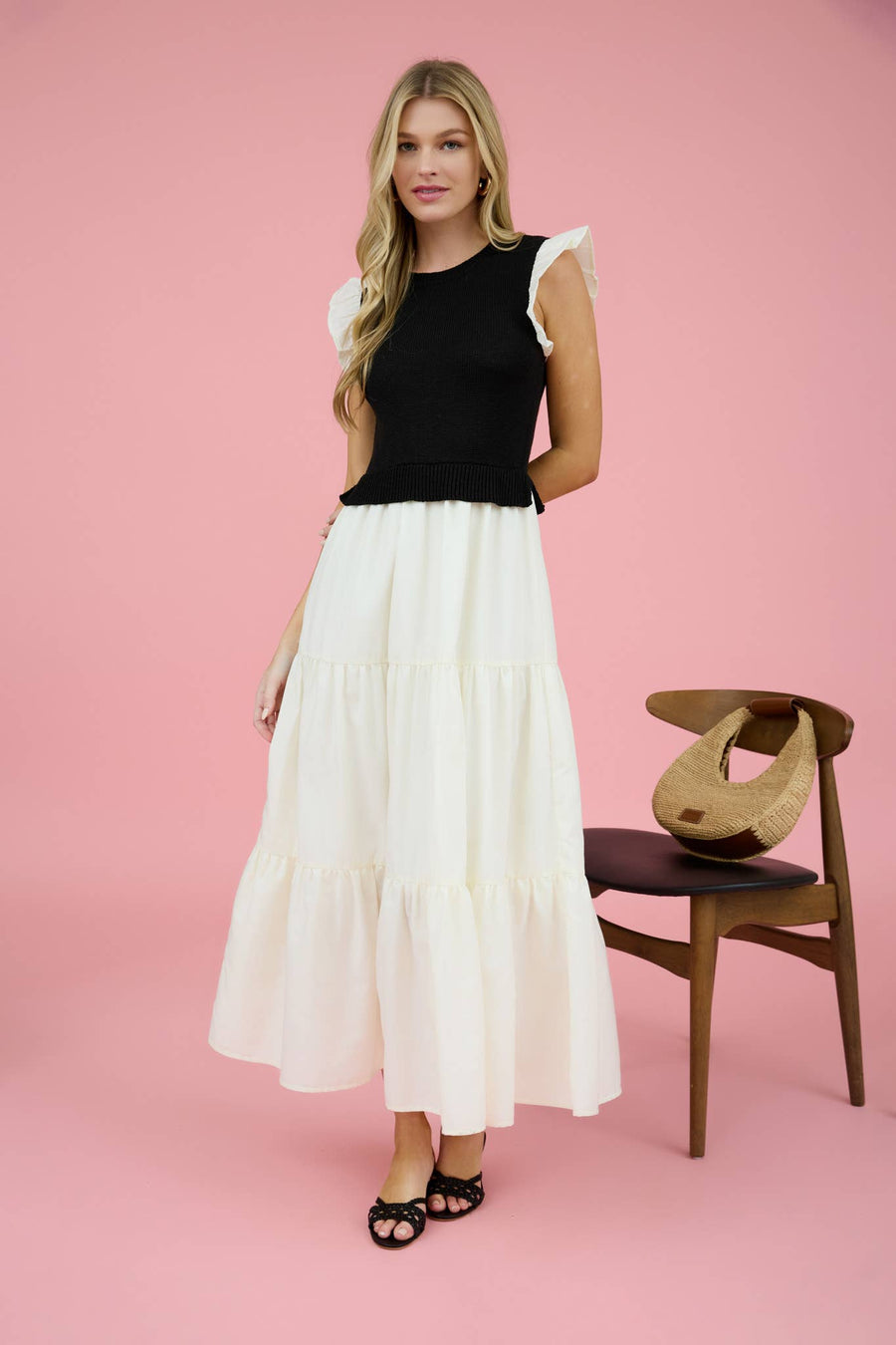 midi sweater vest dress Urksakta - Floral Midi A-Line Dress / Button-Up Sweater Vest