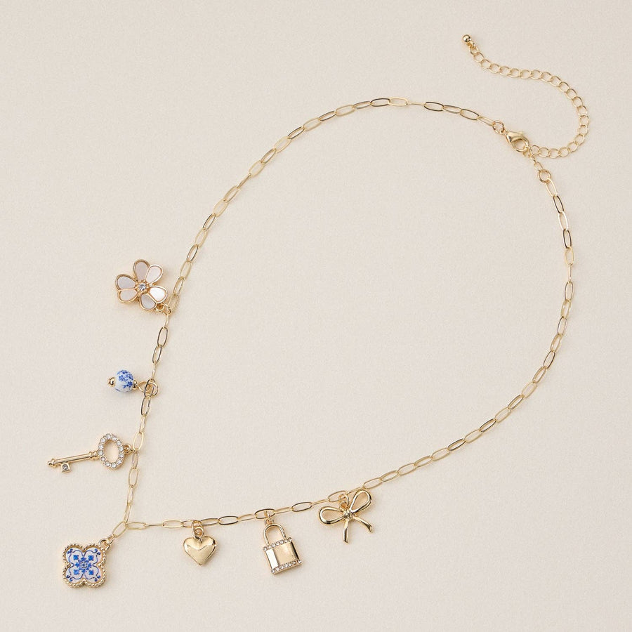 Blue Floral Gold Charm Necklace