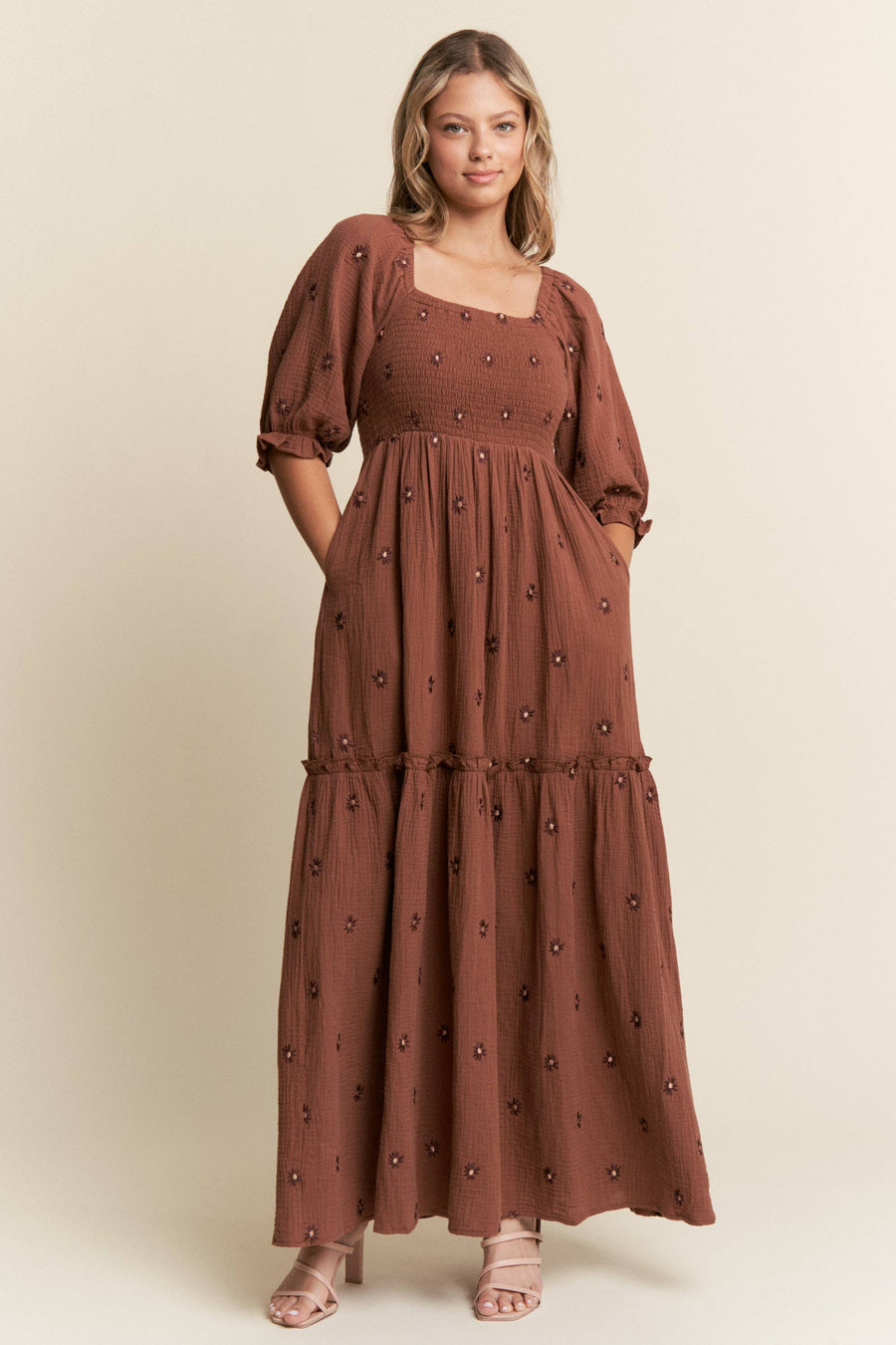 “Valerie” Floral Embroidered Tiered Maxi Dress