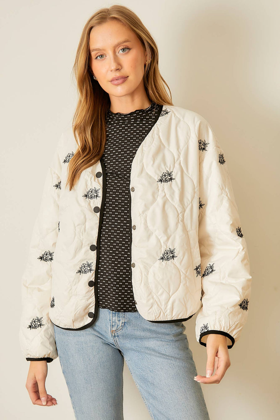 “Jacklyn” Floral Embroidered Quilted Puffer Jacket