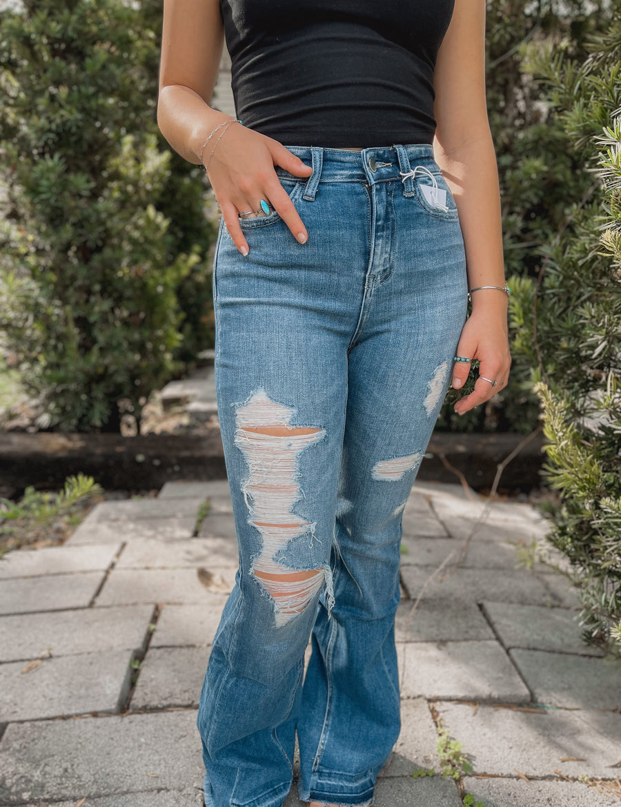“Tonie” High Rise Distressed Panel Flare Jean