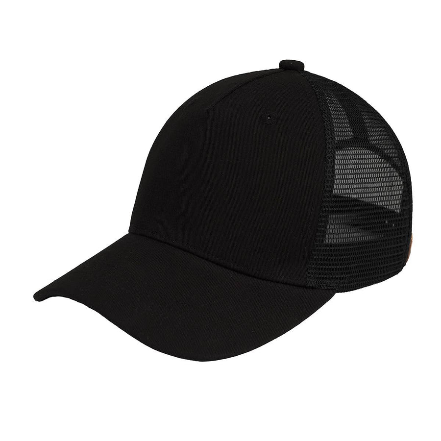 Five Panel Solid Blank Trucker Hat: Black