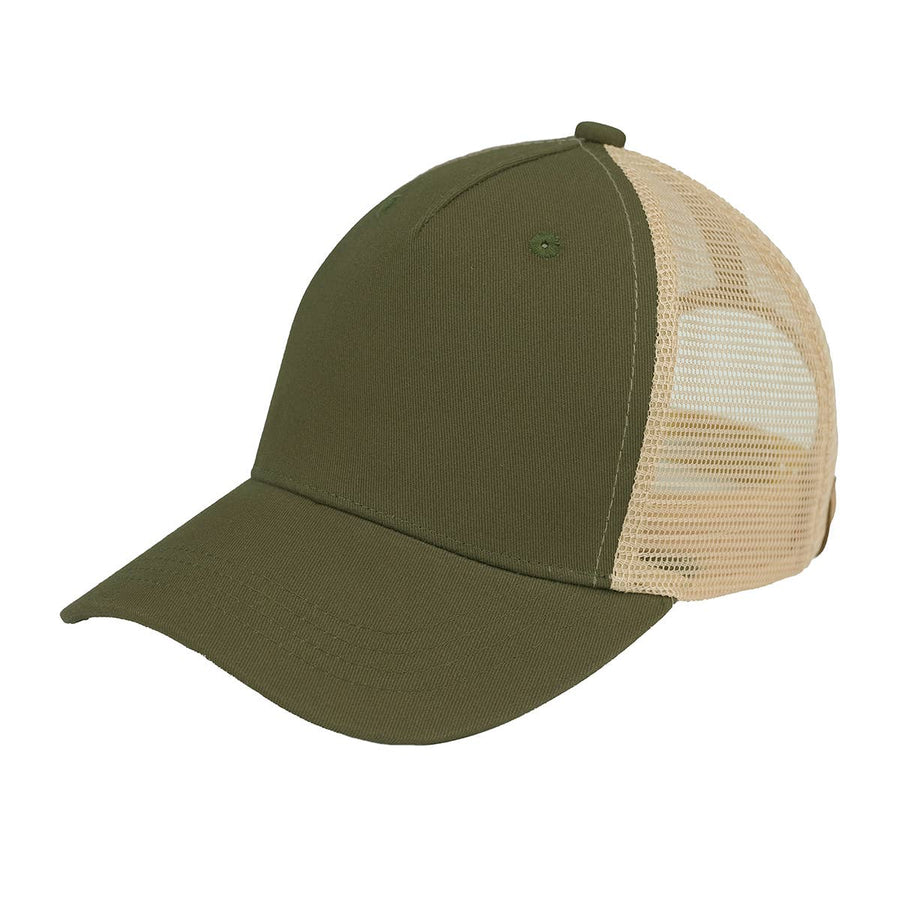 Five Panel Solid Blank Trucker Hat: Olive/Beige